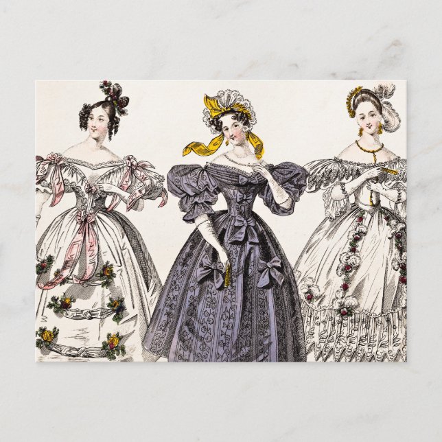 Vintage 1800s Paris Fashion - French Dresses & Hat Postcard (Front)