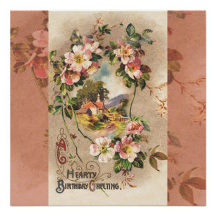 Vintage 1800s Victorian Birthday Floral Country Poster