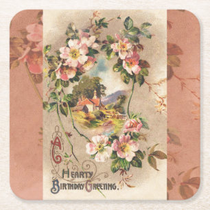 Vintage 1800s Victorian Birthday Floral Country Square Paper Coaster