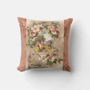 Vintage 1800s Victorian Birthday Floral Country Throw Pillow