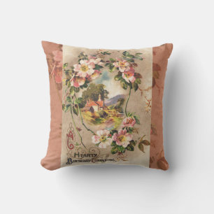 Vintage 1800s Victorian Birthday Floral Country Throw Pillow