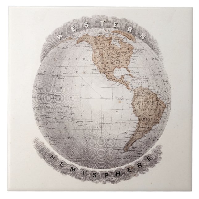 Vintage 1800s World Map Western Hemisphere Globe Tile (Front)