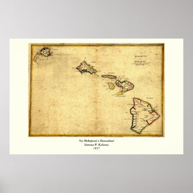 Vintage 1837 Hawaii Map -  Hawaiian Islands Poster (Front)