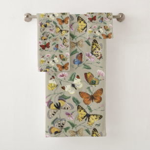 Vintage 1842 Butterfly Moth Botanical Floral Art Bath Towel Set