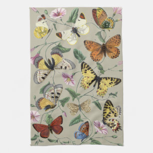 Vintage 1842 Butterfly Moth Botanical Floral Art Kitchen Towel