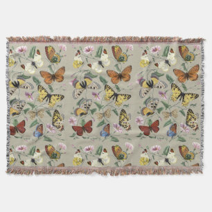 Vintage 1842 Butterfly Moth Botanical Floral Art Throw Blanket