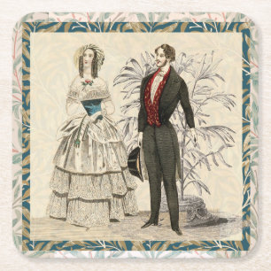 Vintage 1844 Victorian Wedding Illustration  Square Paper Coaster