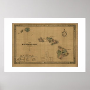 Vintage 1876 Hawaii Map -  Hawaiian Islands Poster
