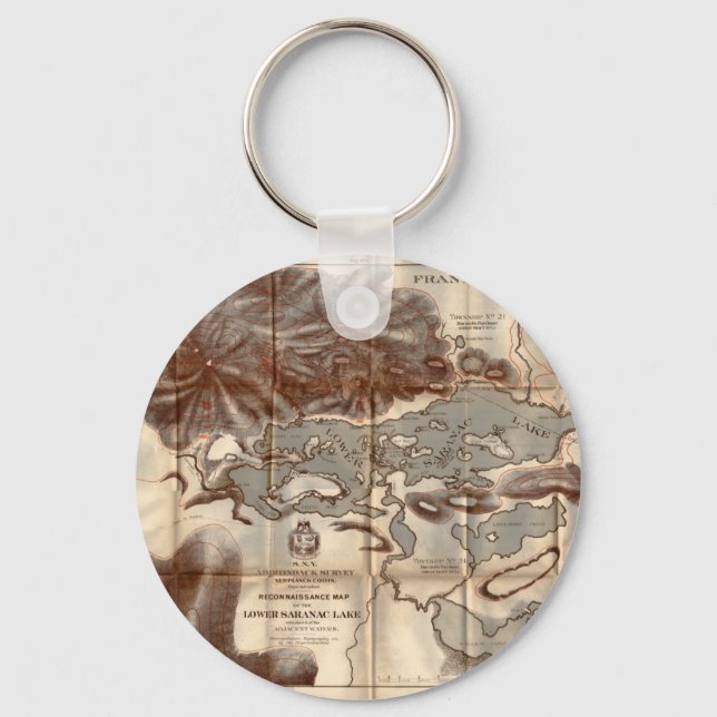 Vintage 1879 Lower Saranac Lake Reconnaissance Map Keychain (Front)