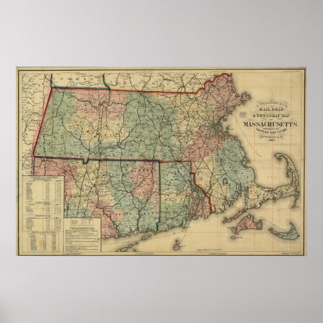 Vintage 1879 Massachusetts & Rhode Island Map Poster (Front)