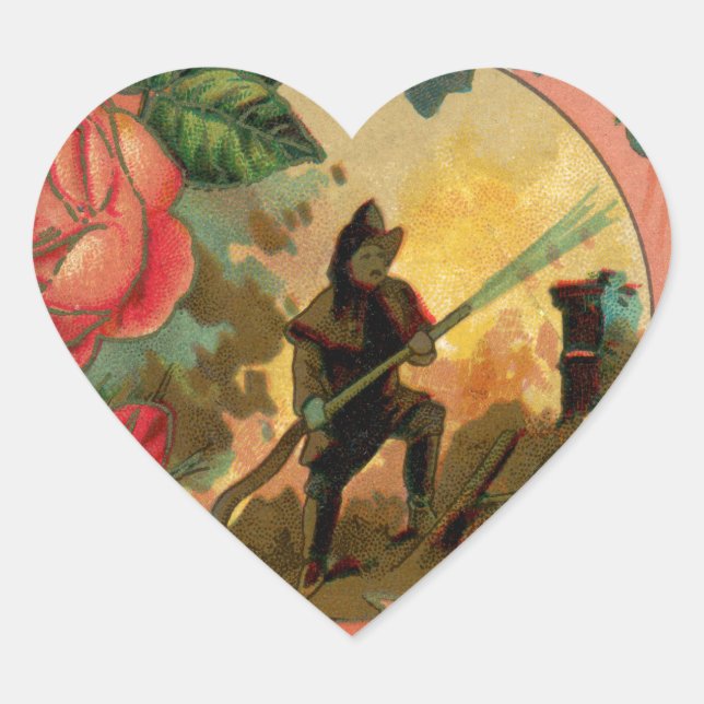 Vintage 1880's Fireman Firefighter Artwork Heart Sticker (Front)