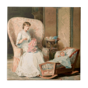 Vintage 1888 Mother and Sleeping Baby, Restored Tile