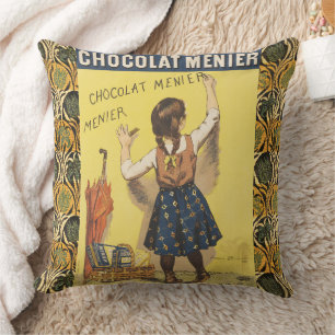 Vintage 1892 Chocolat Menier French Girl Art Throw Pillow