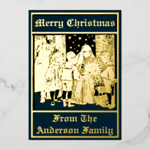 Vintage 1896 Christmas Nativity and Children Foil Holiday Card