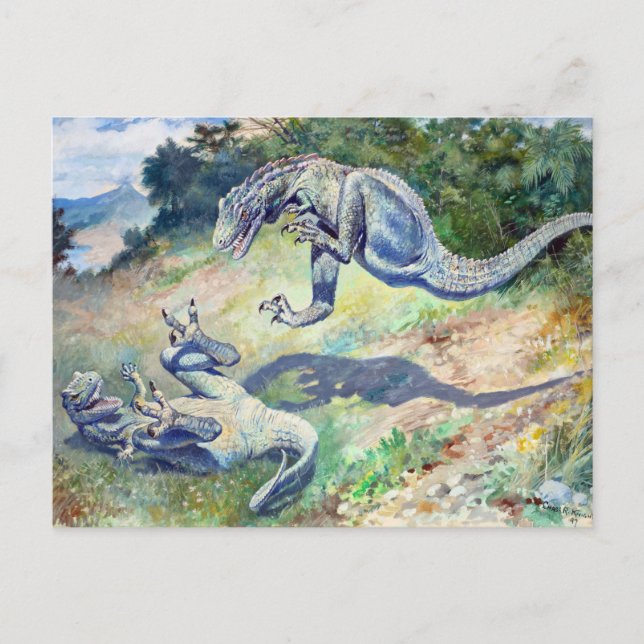 Vintage 1897 Fighting Dinosaurs by Charles Knight Postcard (Front)