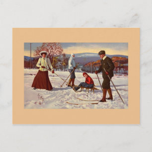Vintage 1900s winter fun Nordic ski, sled Postcard