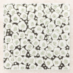 Vintage 1902 Japanese Floral: Black White Blossom  Glass Coaster