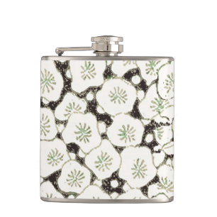 Vintage 1902 Japanese Floral: Black White Blossom Hip Flask