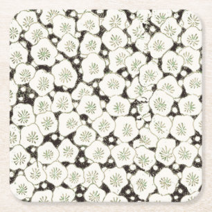Vintage 1902 Japanese Floral: Black White Blossom  Square Paper Coaster