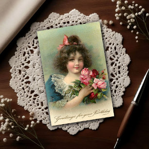 Vintage 1904 Girl Pink Roses Birthday Postcard