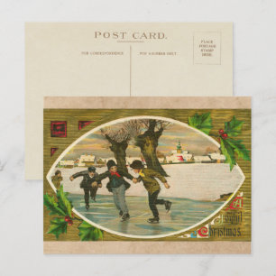 Vintage 1909 Boys Ice Skating Gold Christmas Holiday Postcard