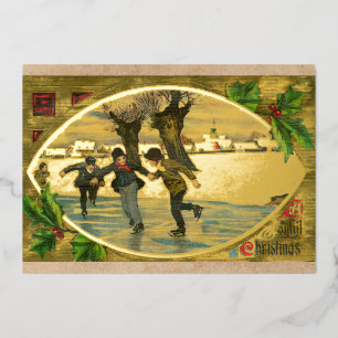 Vintage 1909 Boys Ice Skating Gold Foil Holiday Card