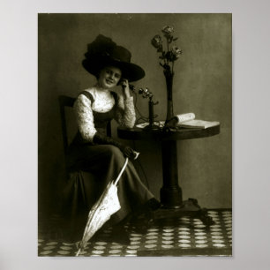 Vintage 1910 Woman on Candlestick Telephone Poster
