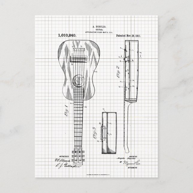 Vintage 1911 Guitar Patent Illustration Postcard (Front)