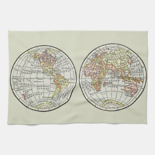 Vintage 1916 World Map Globe Hemispheres Poster Kitchen Towel
