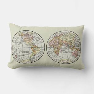 Vintage 1916 World Map Globe Hemispheres Poster Lumbar Pillow
