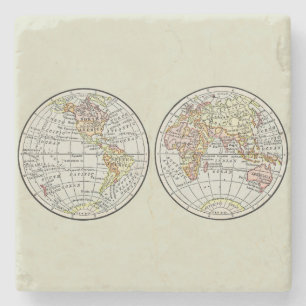 Vintage 1916 World Map Globe Hemispheres Poster Stone Coaster