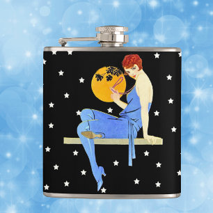 Vintage 1920’s Flapper Lady Moon Stars Red Hair Hip Flask