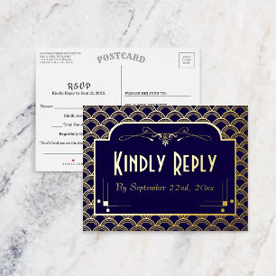 Vintage 1920's Art Deco Gatsby Wedding RSVP Real Foil Invitation Postcard