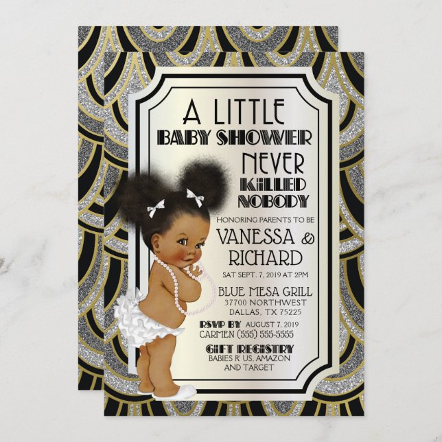Vintage 1920s Black White & Gold Glitter Invitation (Front/Back)