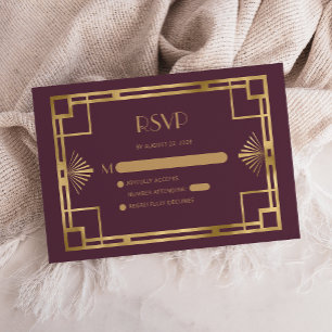 Vintage 1920s Deco Burgundy Gold Wedding RSVP Enclosure Card