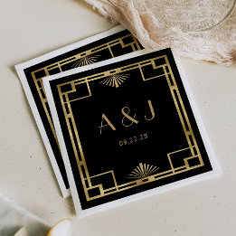 Vintage 1920s Deco Frame Gold Black Wedding Napkin