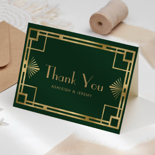 Vintage 1920s Deco Green Gold Wedding Thank You Card