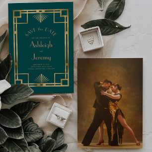 Vintage 1920s Deco Teal Gold Photo Wedding Save The Date