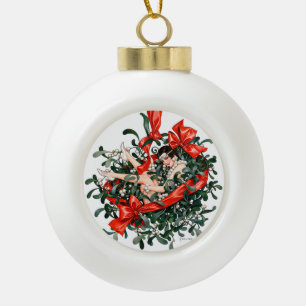 Vintage 1920s Flapper Beneath the Mistletoe  Ceramic Ball Christmas Ornament