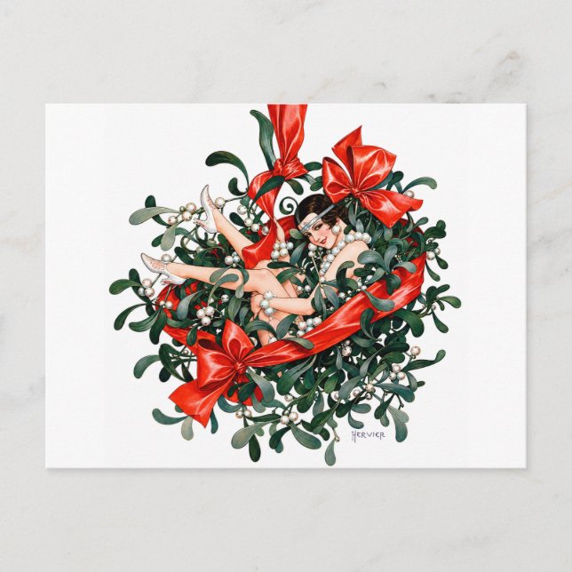 Vintage 1920s Flapper Beneath the Mistletoe  Postcard (Front)