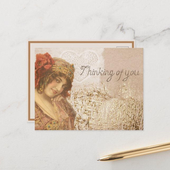 Vintage 1920s Flapper Thinking of You Postcard (Front/Back In Situ)