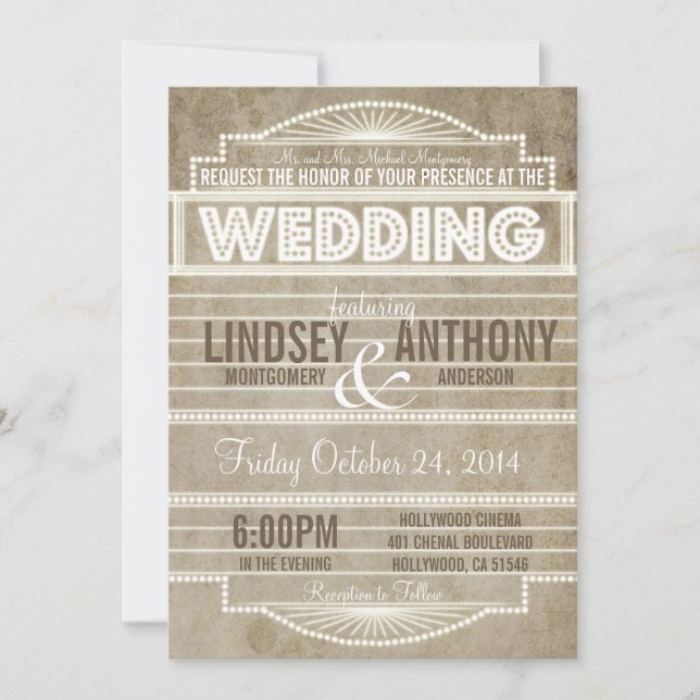 Vintage 1920's Movie Marquee Wedding Invitation (Front)