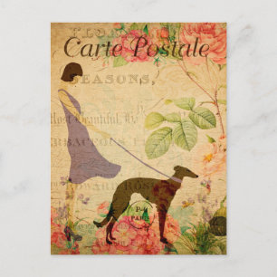 Vintage 1920s Woman and Dog Floral French Postcard