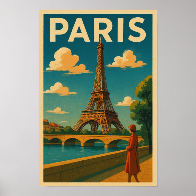 Vintage 1930s Paris Travel Poster Eiffel Tower (Front)