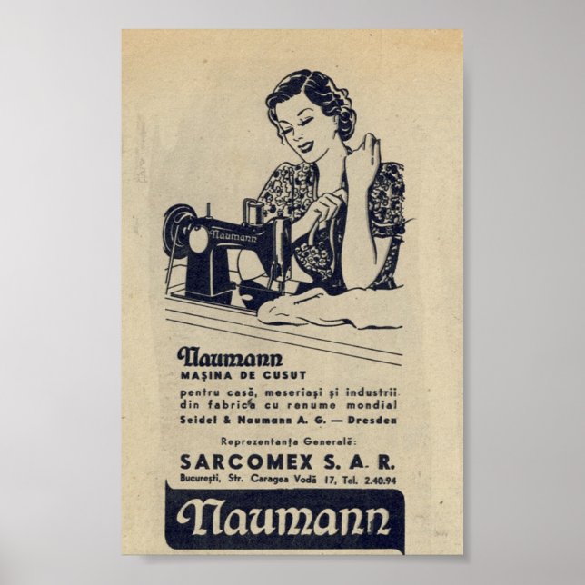 Vintage 1940 Sewing machine ad, romanian,NAUMANN Poster (Front)