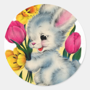 Vintage 1940s Bunny Rabbit With Flowers Classic Round Sticker