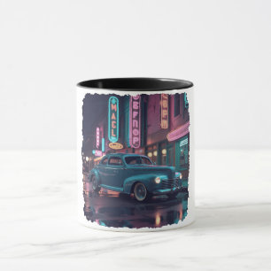 Vintage 1940s Classic Car Under Neon Lights Mug
