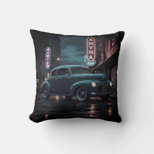 Vintage 1940s Classic Car Under Neon Lights Throw Pillow