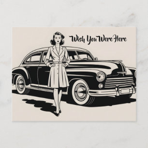Vintage 1940s Style Illustration of Woman and Car Postcard