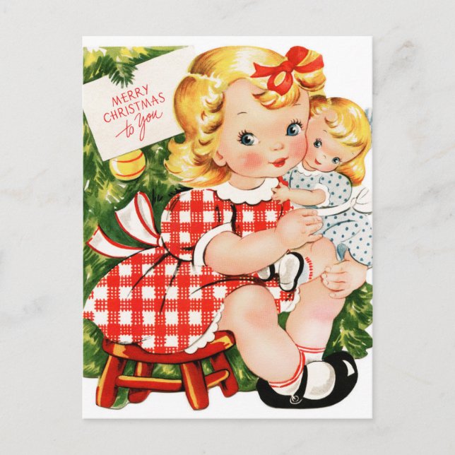 Vintage 1950 girl with doll postcard (Front)